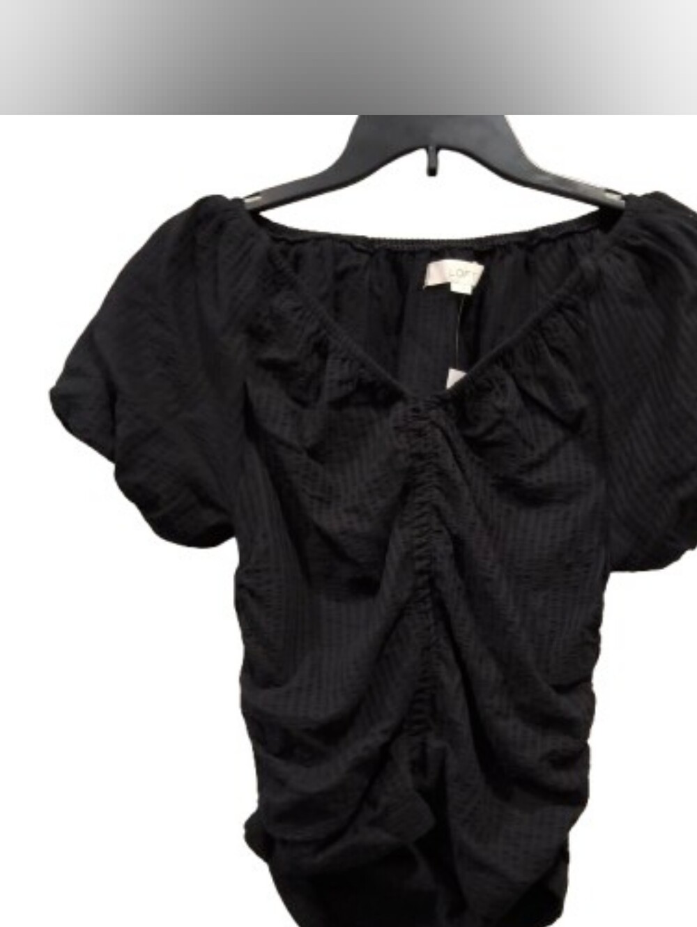 Loft Black Ruched Puff Short Sleeve Blouse Sz S NWT